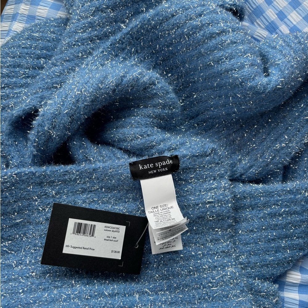 kate spade blue metallic knit scarf